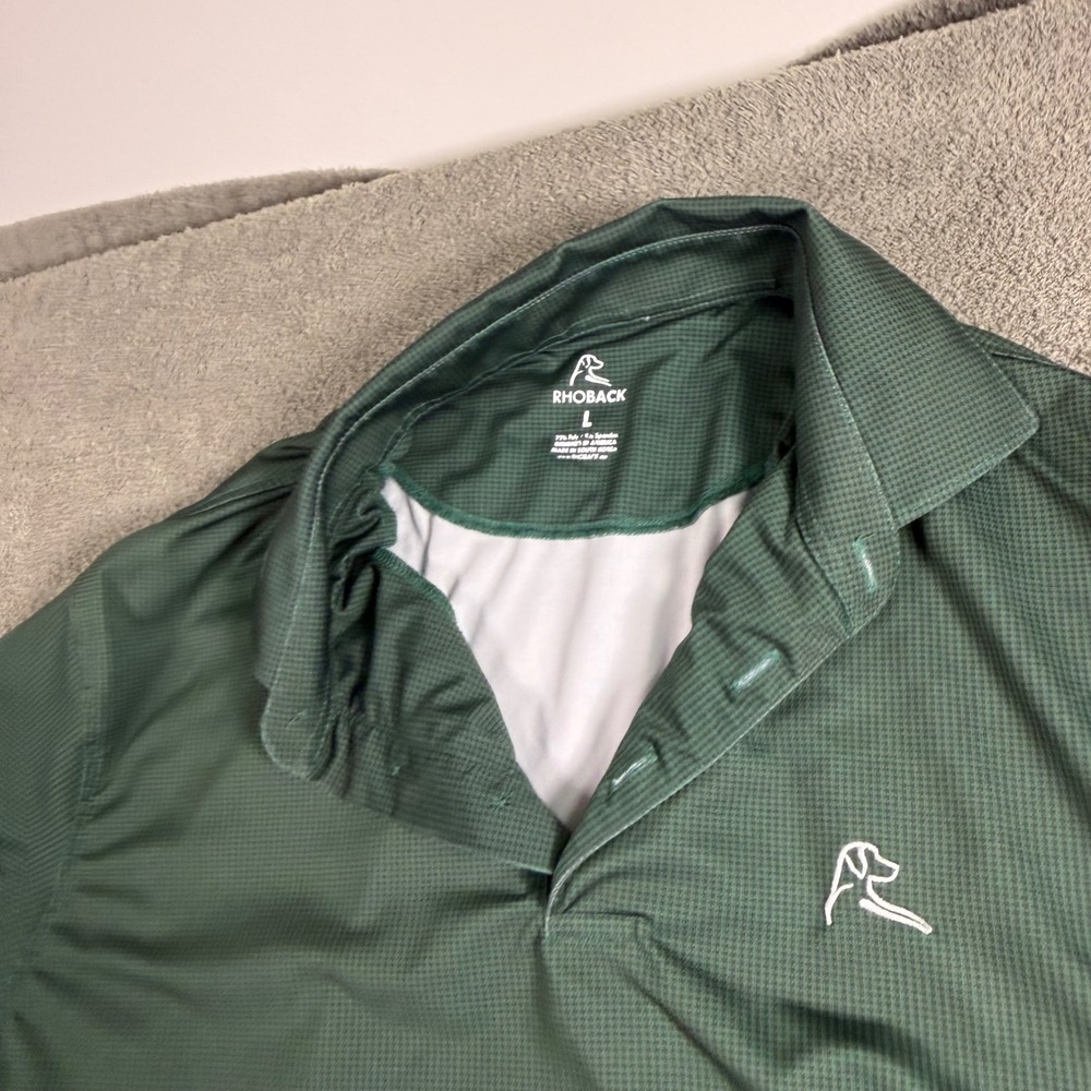 Rhoback Mens Large Green Micro Check Performance Golf Polo Shirt Osburn Logo